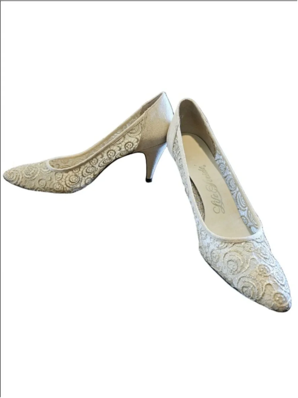 Women's Life Stride VTG 60s Bridal Gold Lace Kitten Heel Pumps 8.5 AA